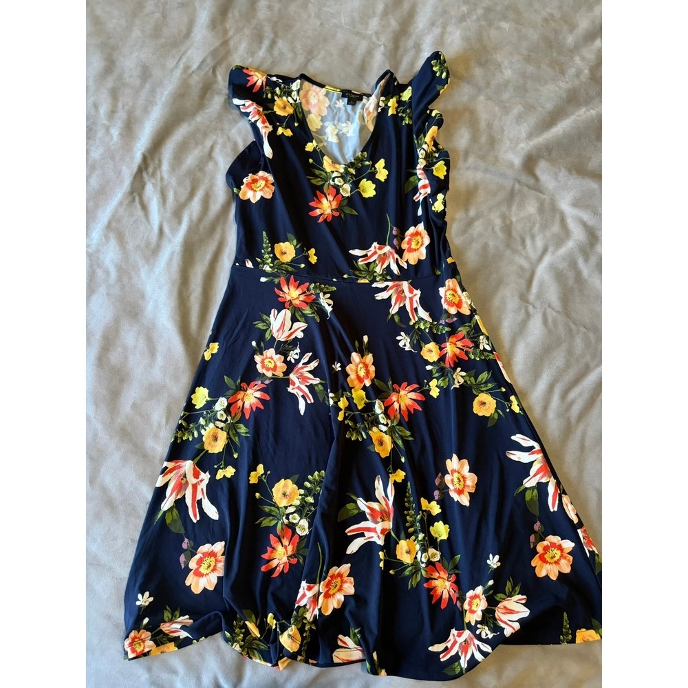 Ann Taylor Factory Navy Blue Floral Ruffle Sleeve Fit Flare Dress Small